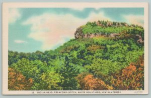 White Mountains New Hampshire~Franconia Notch Indian Head~1940s Linen Postcard