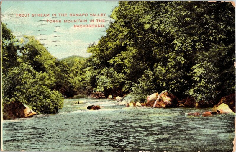 Trout Stream Ramapo Valley Torne Mountain Lithochrome 1c stamp WOB Postcard Vtg 