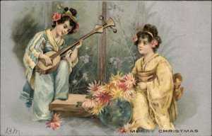 Christmas Little Japanese Girls Kimono Instrument Kokyu Shamisen c1910 Postcard