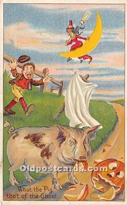 Witch on Moon, Pig Eating Pumpkin Halloween 1910 light crease near left edge