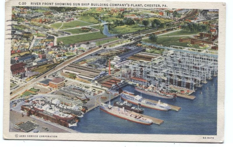 Postcard River Front Showing Sun Ship Building Company's Plant Chester PA