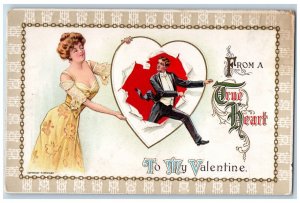 Valentine Postcard Pretty Woman Heart Embossed c1910's Antique Posted