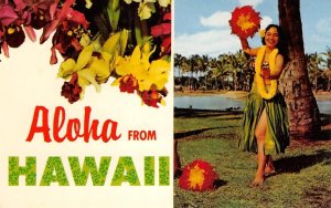 ALOHA FROM HAWAII Hula Girl Dancer Large Letter Greetings '60s Vintage Postcard