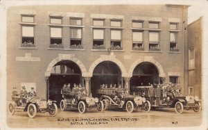 J78/ Battle Creek Michigan RPPC Postcard c1910 Fire Department Trucks 125