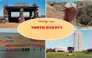 ND, North Dakota Greetings GARRISON DAM~STATE CAPITOL~PETRIFIED STUMP+ Postcard