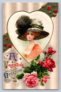 J93/ Valentine's Day Love Holiday Postcard c1910 Silk Woman Heart 401