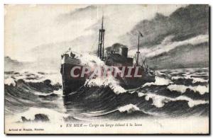 Old Postcard Boat In Sea Cargo standing off to the Commerce blade