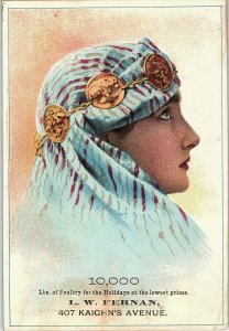 1880's Trade Card Holiday Poultry L. W. Fernan Lovely Lady Blue Head Scarf P125