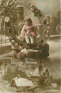 Bonne Annee C-1910 Lucky Horse Shoe Hand Tint Child RPPC Photo Postcard 21-2714