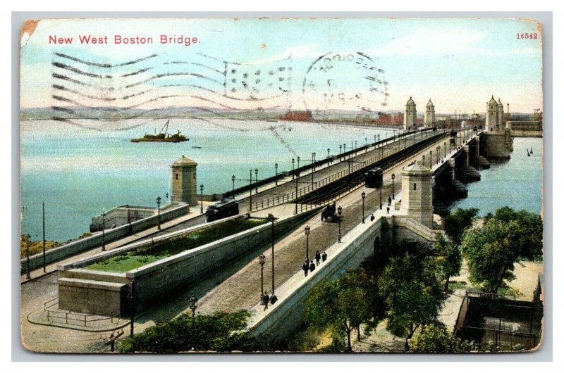 Vintage 1909 Postcard Bus and Cars on the New West Boston Bridge Massachusetts