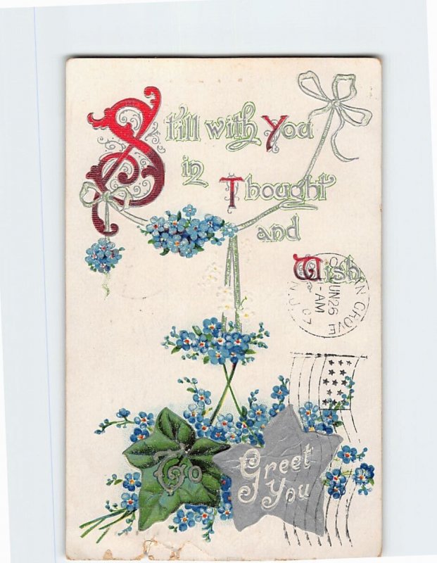 Postcard Thinking of You Greeting Card with Quote and Flowers Embossed Art Print