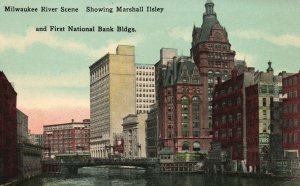 Vintage Postcard 1910's Marshall Ilsley 1st Nat'l Bank Bldgs. Milwaukee River WI