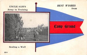 Camp Ground Ohio 1920 WWI Military Postcard Pennant Army Men Scaling Wall