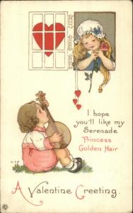 Valentine c1910 Postcard - Little Boy Guitar Serenade - Girl in Window