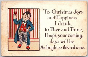 1915 Man Cheers His Glass Of Red Wine Christmas Greetings & Wishes Postcard