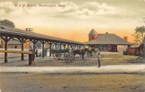 Newburyport MA Railroad Train Station Depot Horse & Wagon Postcard