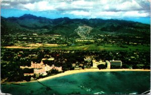 Hawaii Waikiki Aerial Three Famous Honolulu Hotels Chrome Postcard 09.57