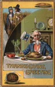 Thanksgiving Uncle Sam Seated at Turkey Dinner c1910 Patriotic Vintage Postcard
