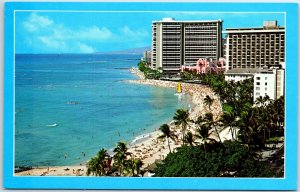 VINTAGE POSTCARD VIEW OF HOTELS LINING KALAKAUA AVENUE WAIKIKI BEACH HAWAII '70s