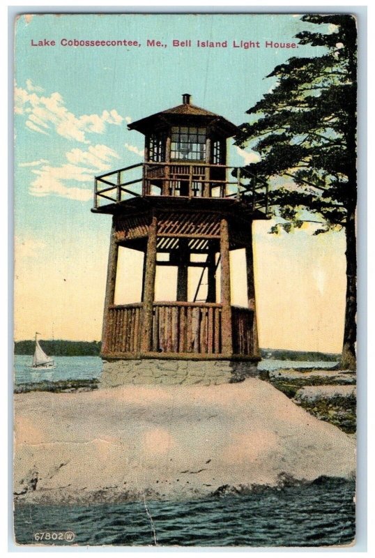 1912 Scenic View Bell Island Light House Lake Cobosseecontee Maine ME Postcard