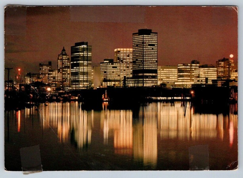Vancouver Skyline At Night, British Columbia, 1977 Chrome Postcard
