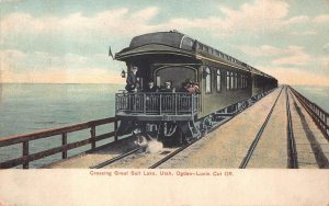 TRAIN CROSSING GREAT SALT LAKE UTAH OGDEN-LUCIN CUT OFF POSTCARD 1911