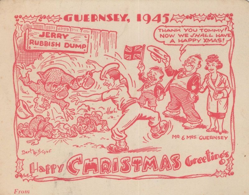 Guernsey 1945 WW2 Flag War Happy Christmas Comic Card