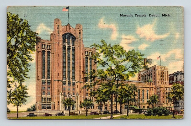 Masonic Temple Detroit Michigan Street View American Flag Old Cars Postcard 