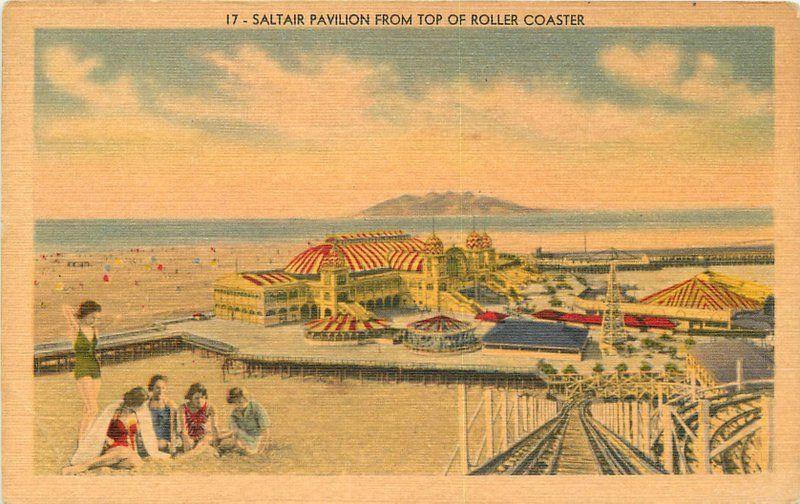 Amusement Saltair Pavilion 1940s Salt Lake City Utah Roller Coaster linen 2390