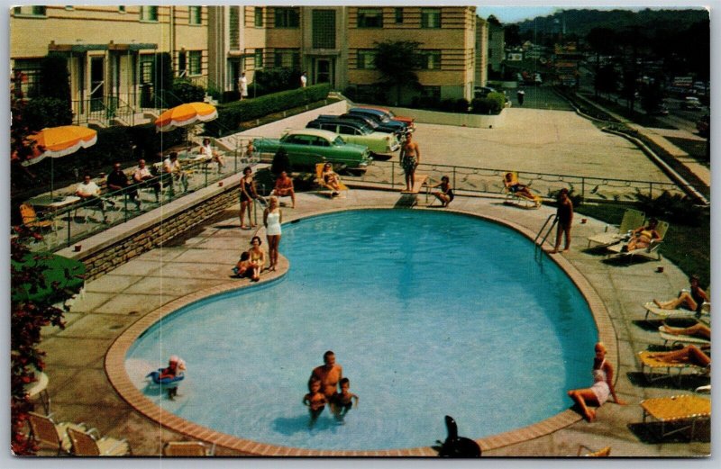 Vtg Cincinnati Ohio OH North Plaza Motel Swimming Pool Old Cars 1950s Postcard