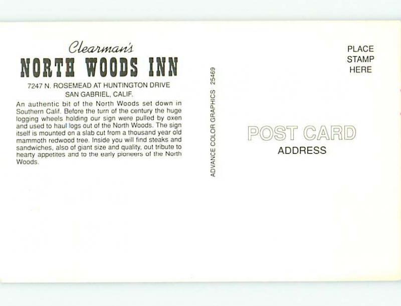 Unused Pre-1980 CLEARMAN'S NORTH WOODS INN MOTEL San Gabriel California CA s2574