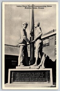 Medicine Lodge KS~Indian Peace Treaty Statue At Flag Pole~US Soldier~1941 B&W