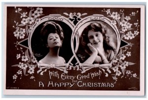 Christmas Postcard RPPC Photo Pretty Girls Flowers Good Luck Horseshoe Unposted