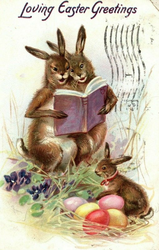 C.1910 Raphael Tuck Anthropomorphic Brown Rabbits Colored Eggs Postcard P50