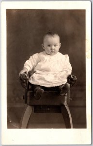 Infant White Dress Sitting on Baby Chair Cute Picture RPPC Postcard