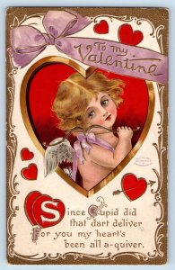 Valentine Postcard Hearts Cupid Angel Bow Embossed c1910's Unposted Antique