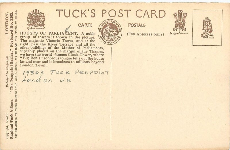 1930s London UK Penpoint House of Parliament #2303 Postcard 25-11300