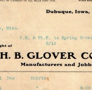 1903 Dubuque, IA H.B. Glover Letterhead Clothing Receipt Invoice Spring Grove R1
