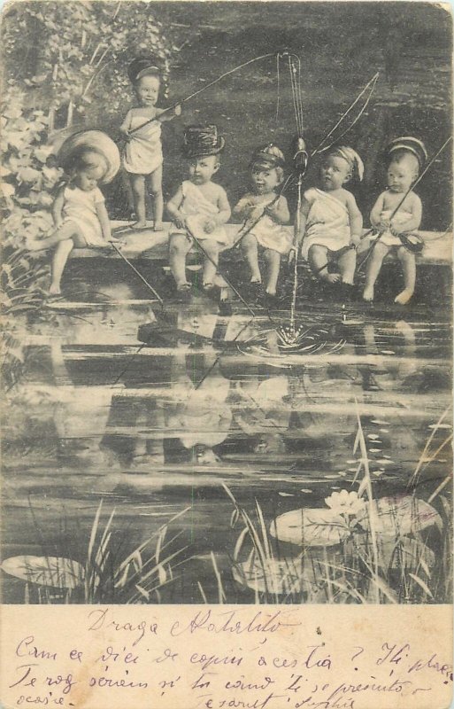 child fantasy surrealism Postcard babbies fishing in pond