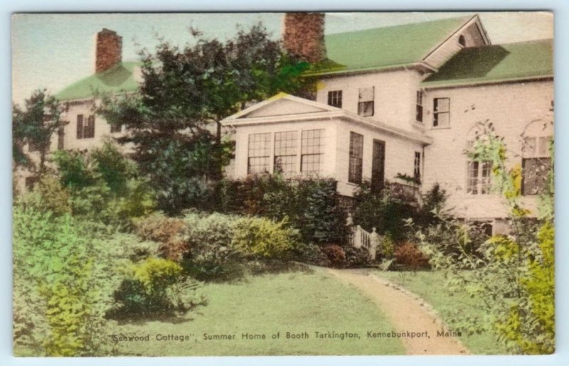 KENNEBUNKPORT, Maine ME ~ Booth Tarkington SEAWOOD COTTAGE Handcolored Postcard