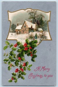 Christmas Postcard Holly Berries Winter Scene Nash Beaver Minnesota MN c1910's