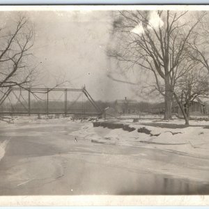 c1910s Mystery US Truss Bridge RPPC Winter Farm House History Photo Postcard A93