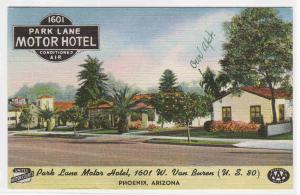 Park Lane Motor Hotel Motel Phoenix Arizona linen postcard