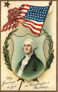 George Washington Birthday Patriotic Stars US Flag Gilt Embossed 1900s-20s PC