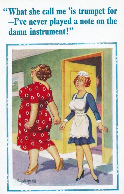 Pompous Fat Woman Ordering House Maid Rude Trumpet Talk Comic Humour Postcard