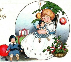 C.1910 Adorable Girl With Dolls Tree Presents Ornaments Stecher Postcard P78