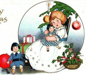 C.1910 Adorable Girl With Dolls Tree Presents Ornaments Stecher Postcard P78 