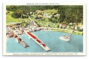 Aeroplane View Of Mackinac Island MIch. Postcard Waterfront Marquette Park