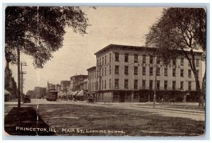 Princeton Illinois IL Postcard Main Street Looking North Trolley Cars Building