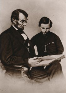 Abraham Lincoln reading with son Tad 1864 Brady Photo Recent Print
